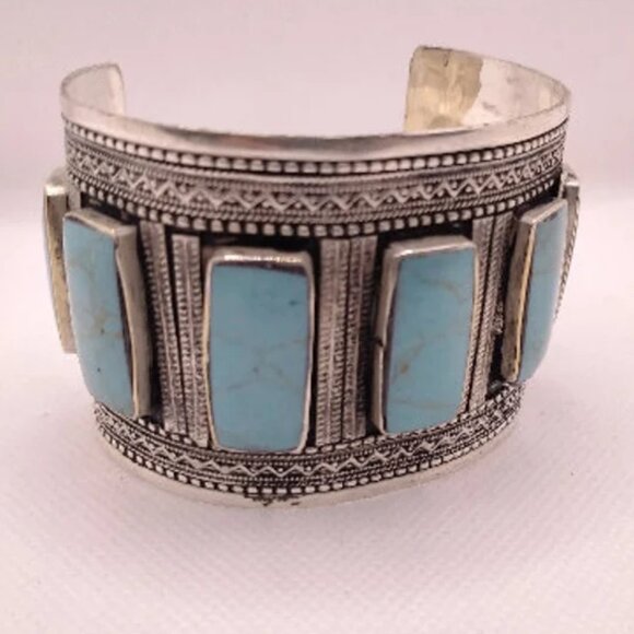 Single Turquoise Stone Kuchi Cuff Bracelet: Afghan Tribal Boho Jewelry - Picture 5 of 7